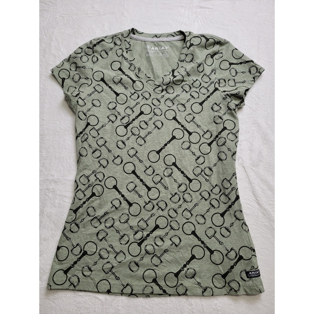 NWT Ariat T-Shirt Women Small Green Horse Bit Print V-Neck Organic Cotton Tee